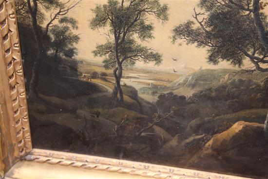 18th Century Flemish School An extensive wooded landscape with a stag hunt in the foreground 36 x 53in.